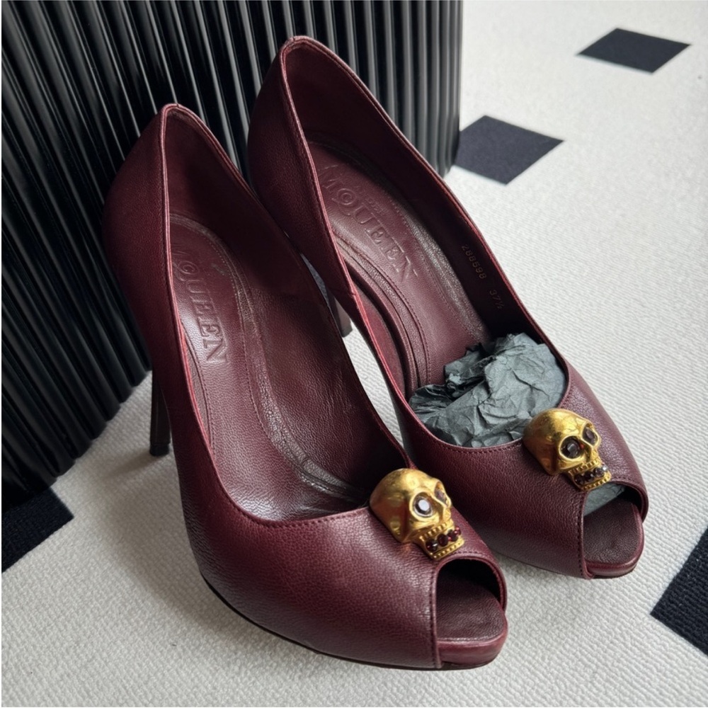 Authentic Alexander McQueen Dark Red Heels with Gold Skull Accent